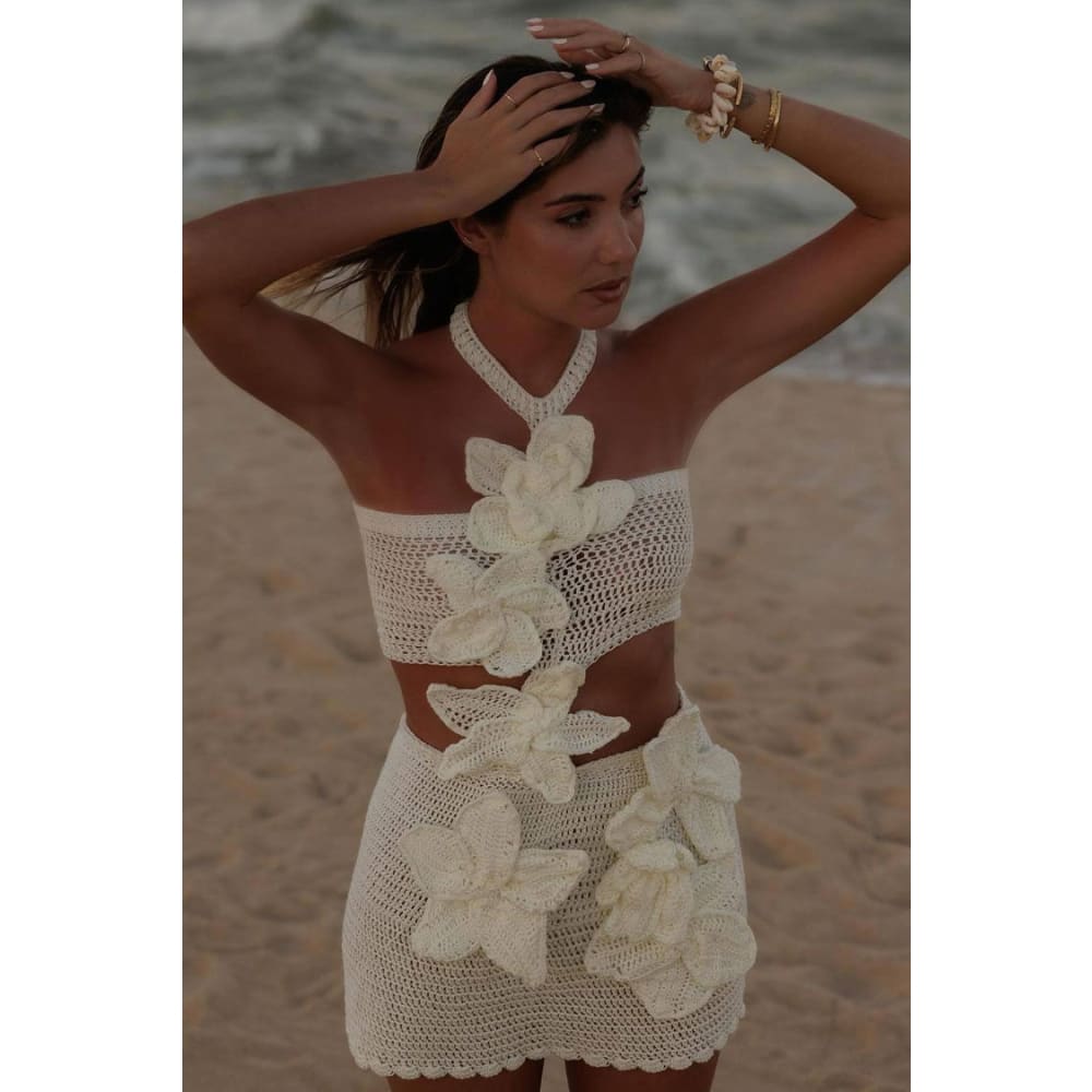 Boho Style 3D Flower Applique Halter Crochet Mini Cover-Up - On sale