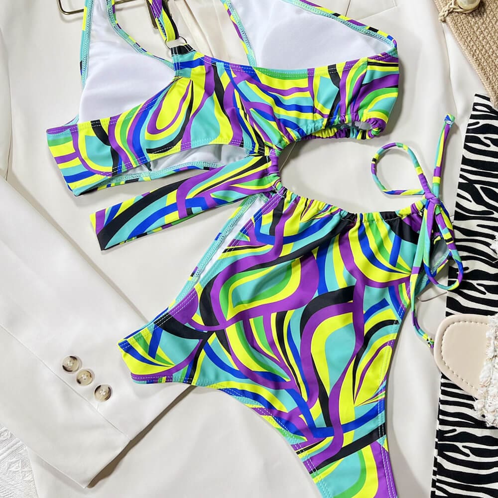 Boho Wavy Cutout One Shoulder Brazilian Piece Swimsuit - On sale