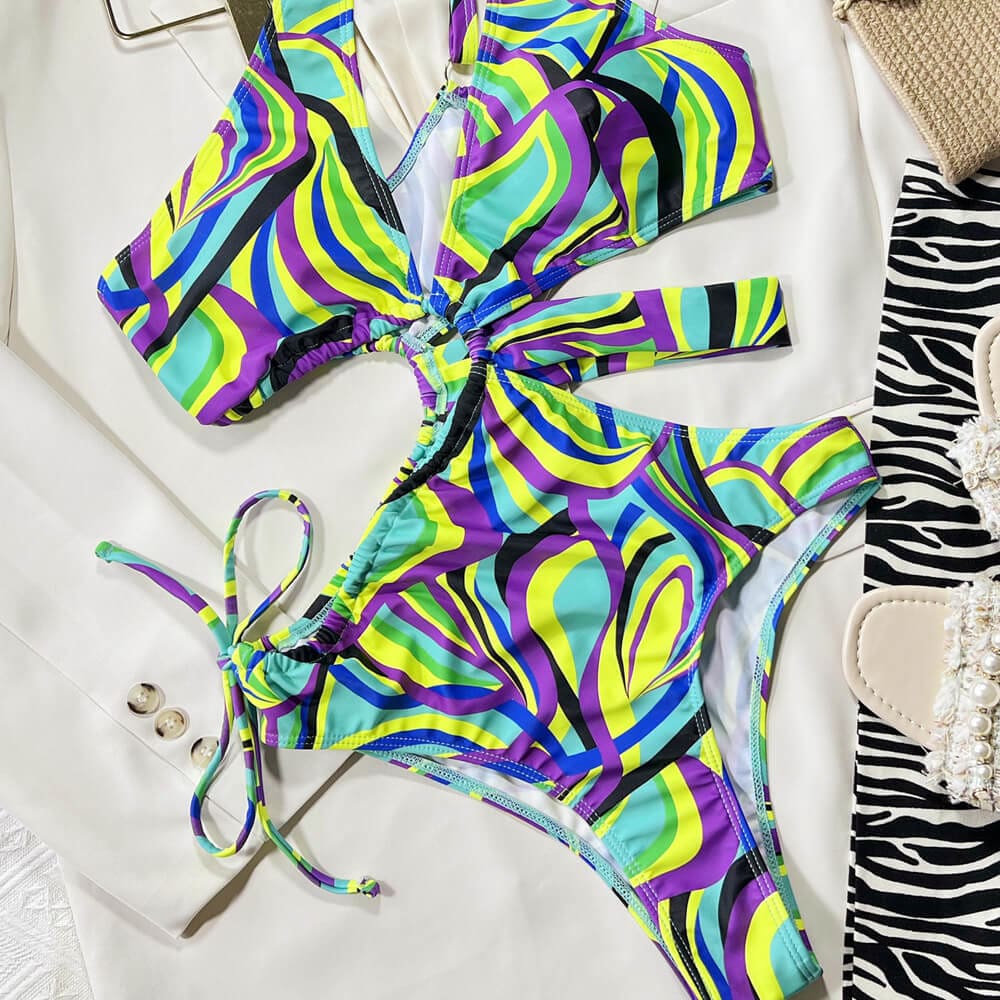 Boho Wavy Cutout One Shoulder Brazilian Piece Swimsuit - On sale