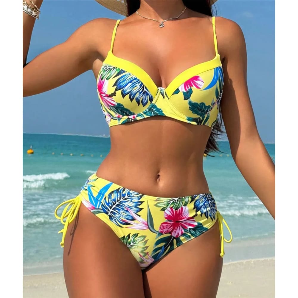Floral underwired mid-waist bikini set in bright yellow with pink flowers blue leaves thin straps and side ties