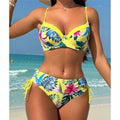 Floral underwired mid-waist bikini set in bright yellow with pink flowers blue leaves thin straps and side ties