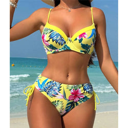 Floral underwired mid-waist bikini set in bright yellow with pink flowers blue leaves thin straps and side ties