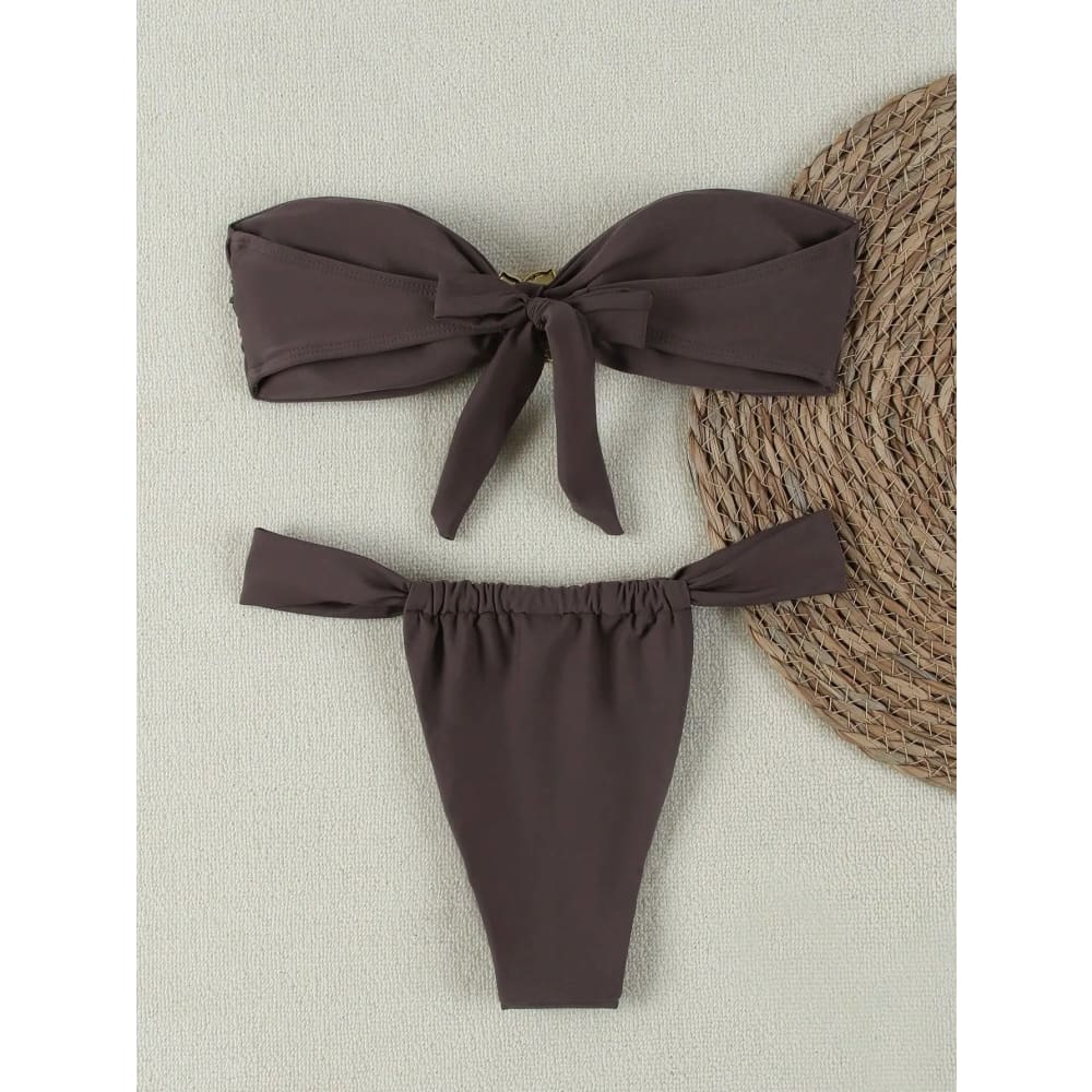 Brown bandeau push‑up bikini set with tied bow top and matching high-cut brazilian thong bottom for women