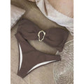 Brown bandeau push up bikini top with white sculpted metal clasp in brazilian thong bikini set for women
