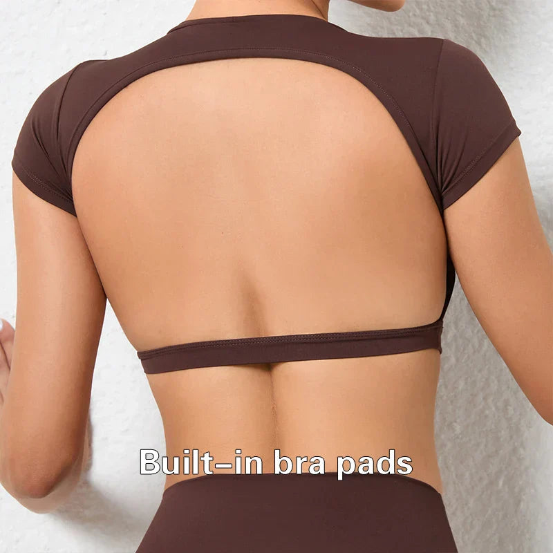 Brown backless sports crop top with built-in bra pads