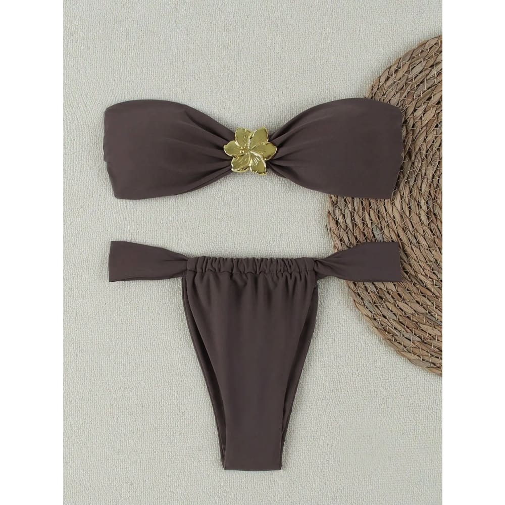 Brown bandeau push up bikini set with gold floral embellishment and high cut brazilian thong bottoms with side ties