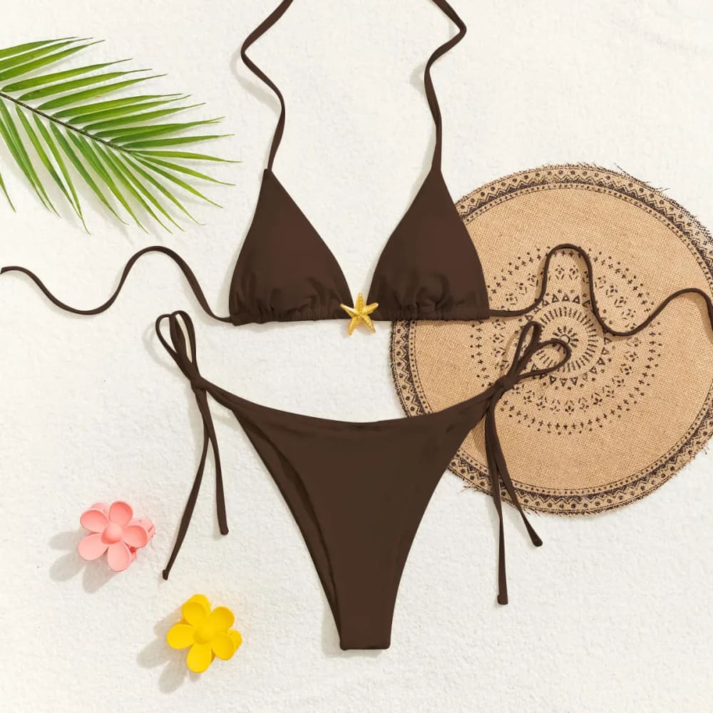 Brown triangle push-up bikini set with gold starfish accent and adjustable tie brazilian bottoms for beachwear