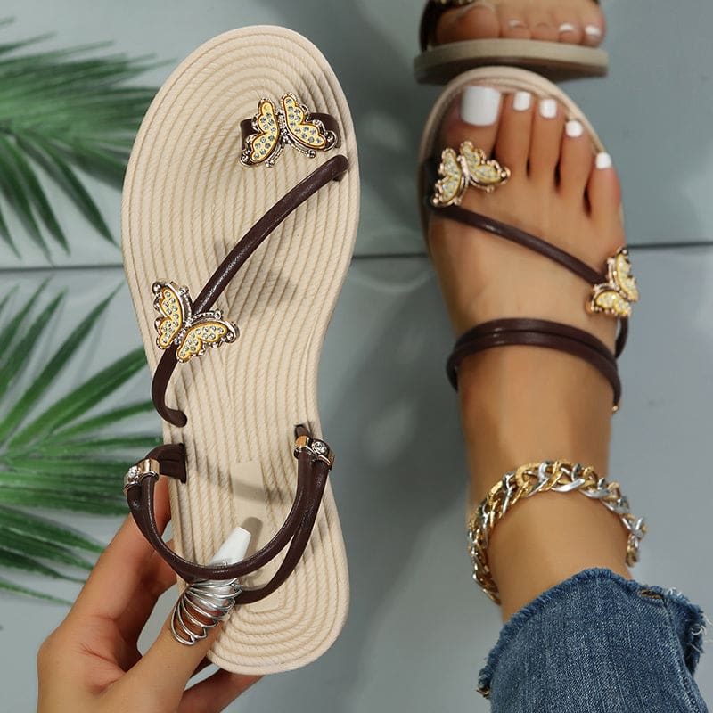 Butterfly Flat Shoes Summer Sandals Flip Flops Beach - Coffee Brown / Size35 On sale