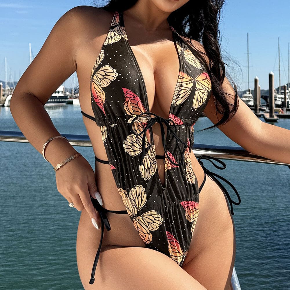 Butterfly Print Tie-Up Brazilian One Piece Swimsuit - Black / S On sale