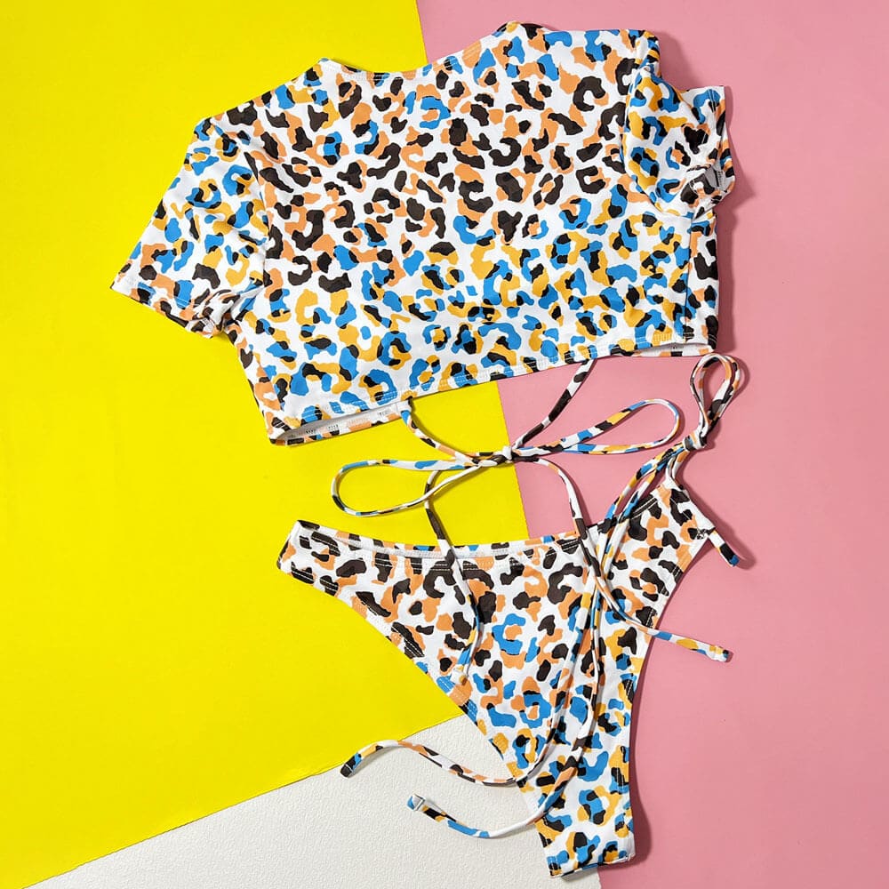 Camo Leopard Drawstring Tie Cropped Bikini Swimsuit - On sale