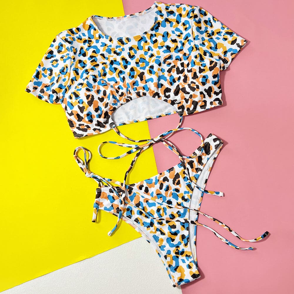 Camo Leopard Drawstring Tie Cropped Bikini Swimsuit - On sale