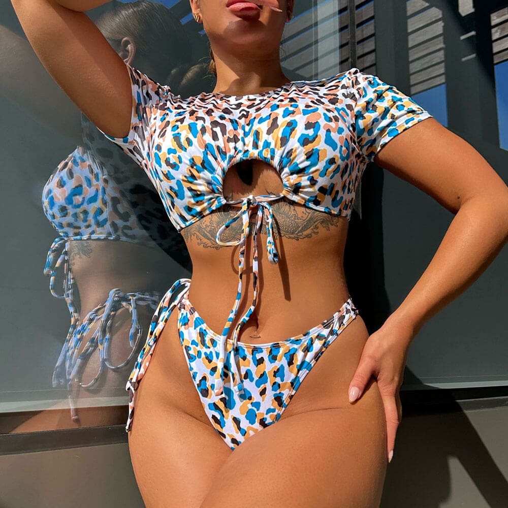 Camo Leopard Drawstring Tie Cropped Bikini Swimsuit - S On sale