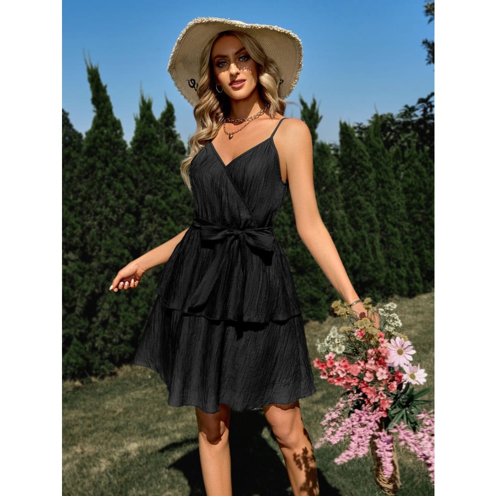 Casual Solid V-neck Waist Strap Suspender Dress - Black / L On sale