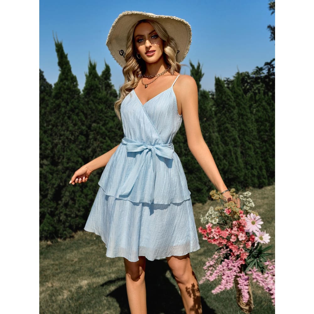 Casual Solid V-neck Waist Strap Suspender Dress - Blue / L On sale