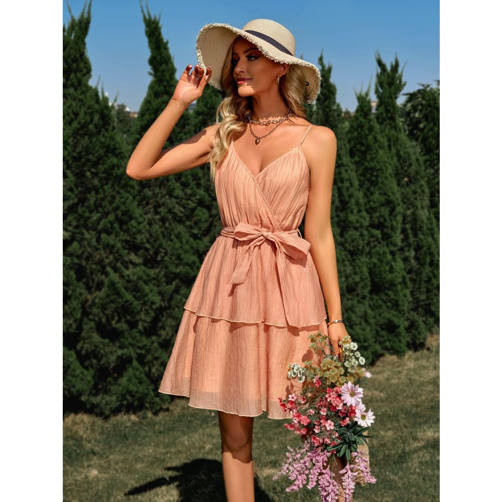 Casual Solid V-neck Waist Strap Suspender Dress - Orange / L On sale