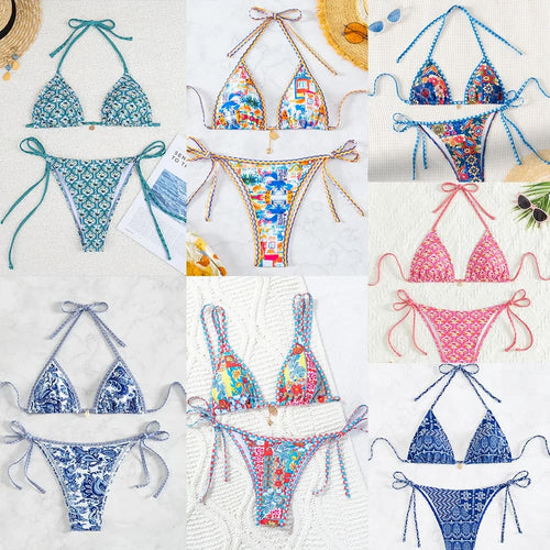 A colorful bikini set featuring floral push-up triangle tops and brazilian bottoms with various patterns