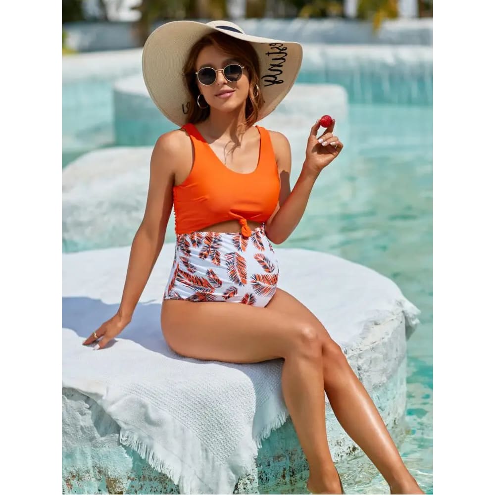 Contrast Color High Waist Maternity Swimwear - On sale