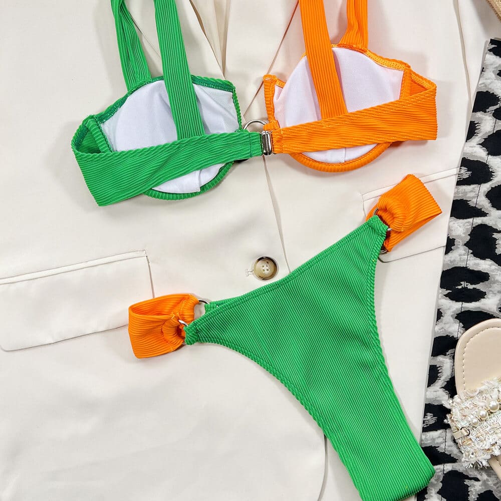 Contrast High Cut Ring Rib Underwire Brazilian Bikini - On sale