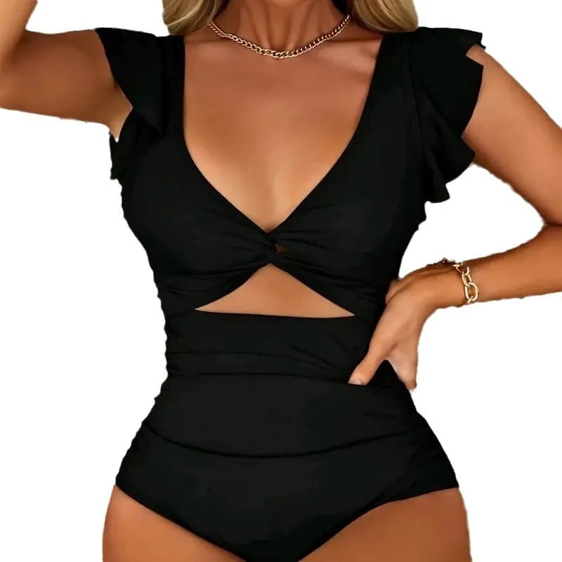 Contrast Mesh V‑Neck One‑Piece Swimsuit – Tummy Control - Black / S On sale