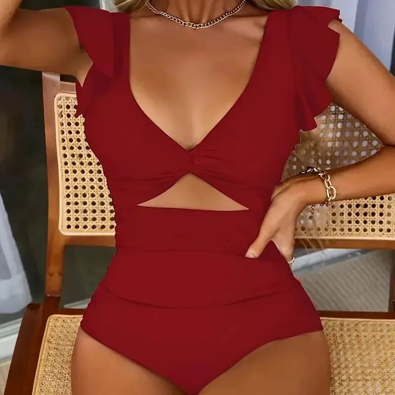 Contrast Mesh V‑Neck One‑Piece Swimsuit – Tummy Control - Burgundy / S On sale
