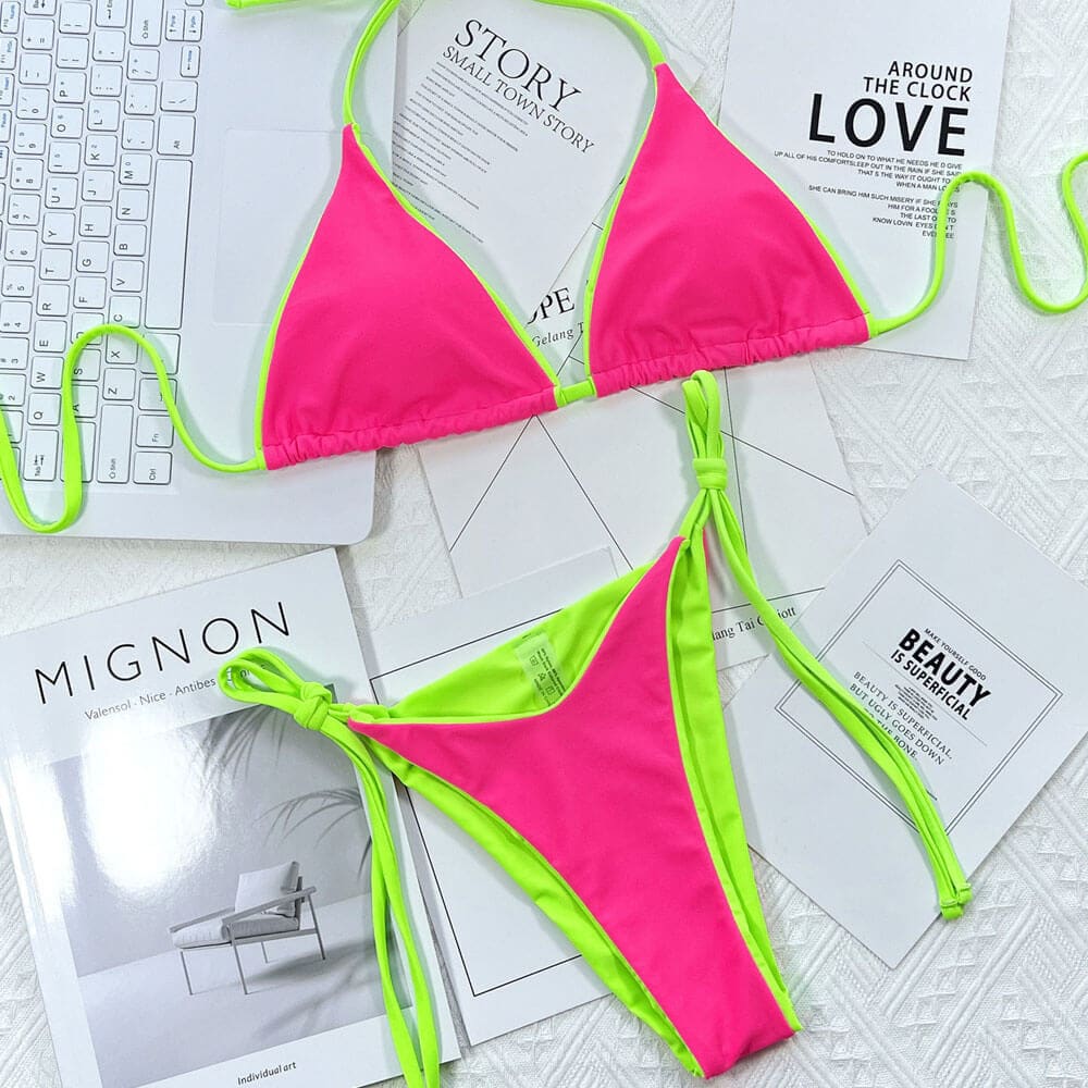 Contrast Neon Tie String Cheeky Triangle Brazilian Bikini - On sale