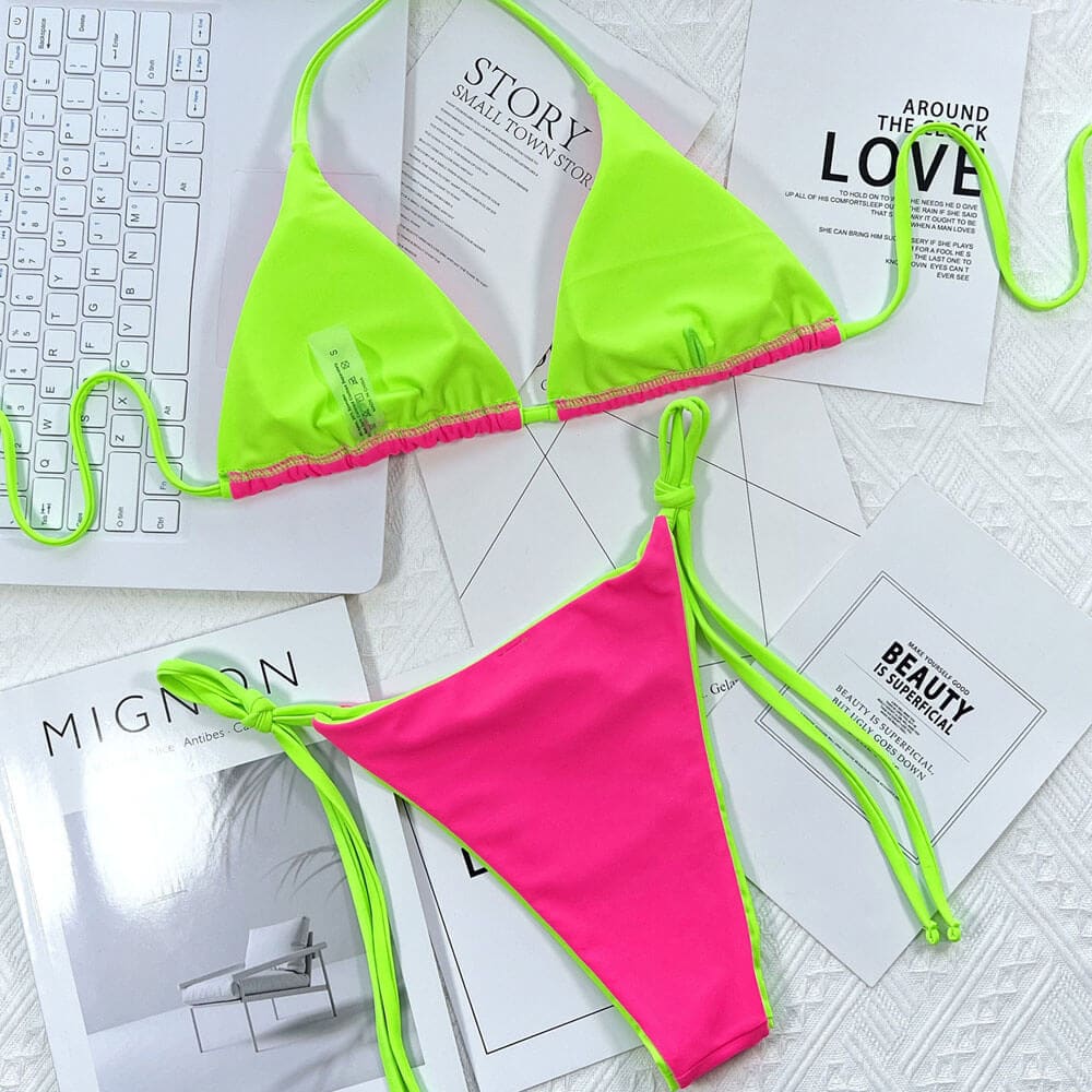 Contrast Neon Tie String Cheeky Triangle Brazilian Bikini - On sale