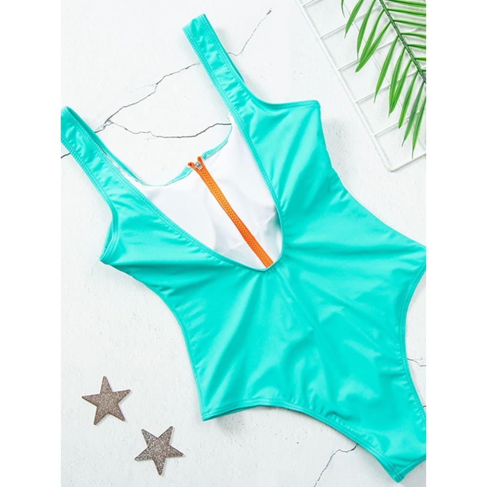 Contrast Zipper Front Brazilian One Piece Swimsuit - On sale