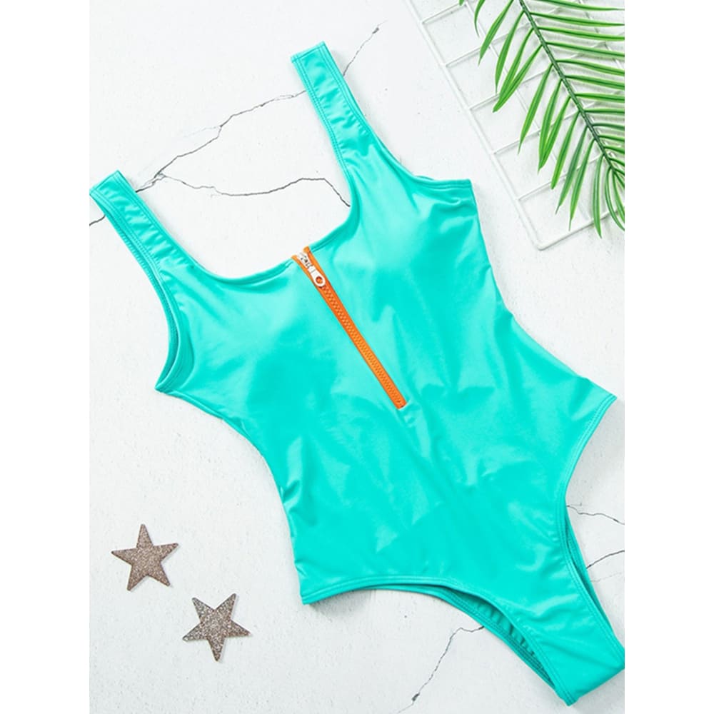 Contrast Zipper Front Brazilian One Piece Swimsuit - On sale