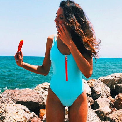 Contrast Zipper Front Brazilian One Piece Swimsuit - Sky Blue / S On sale