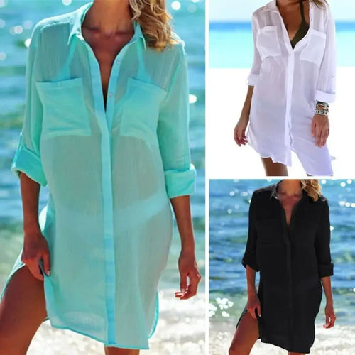 Cotton beach tunic mini dress cover-up, button-front with pockets shown in multiple colors