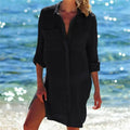 Black cotton beach tunic mini dress cover-up, button-front tunic with 3/4 sleeves