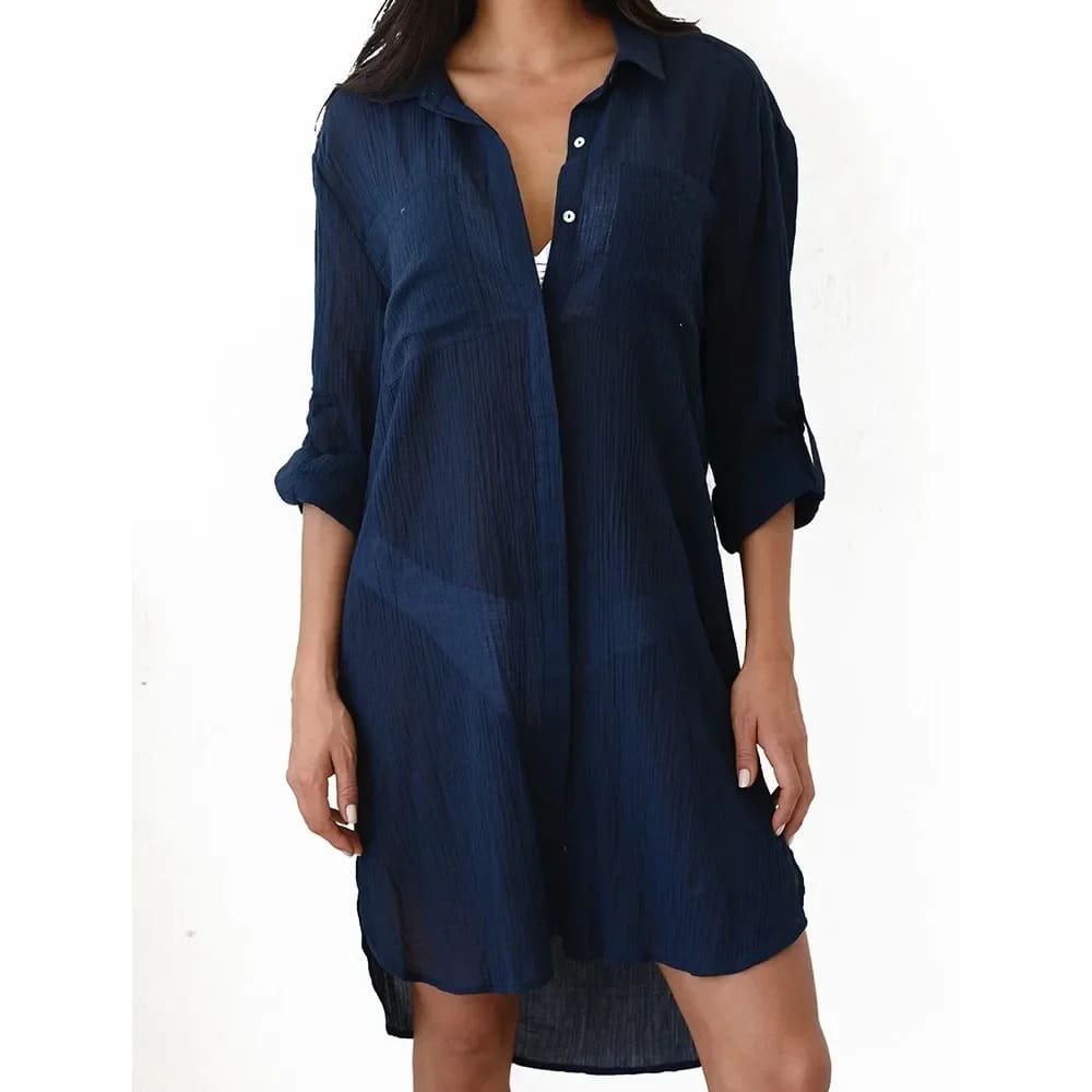 Cotton Beach Tunic Mini Dress Cover Up for Women Navy Blue / One Size On sale