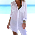 White cotton beach tunic mini dress cover-up, long shirt style with button-front and pockets