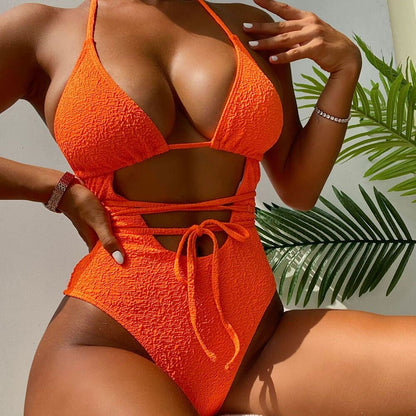 Crinkled Wrapped Cutout Brazilian One Piece Swimsuit - Orange / S On sale