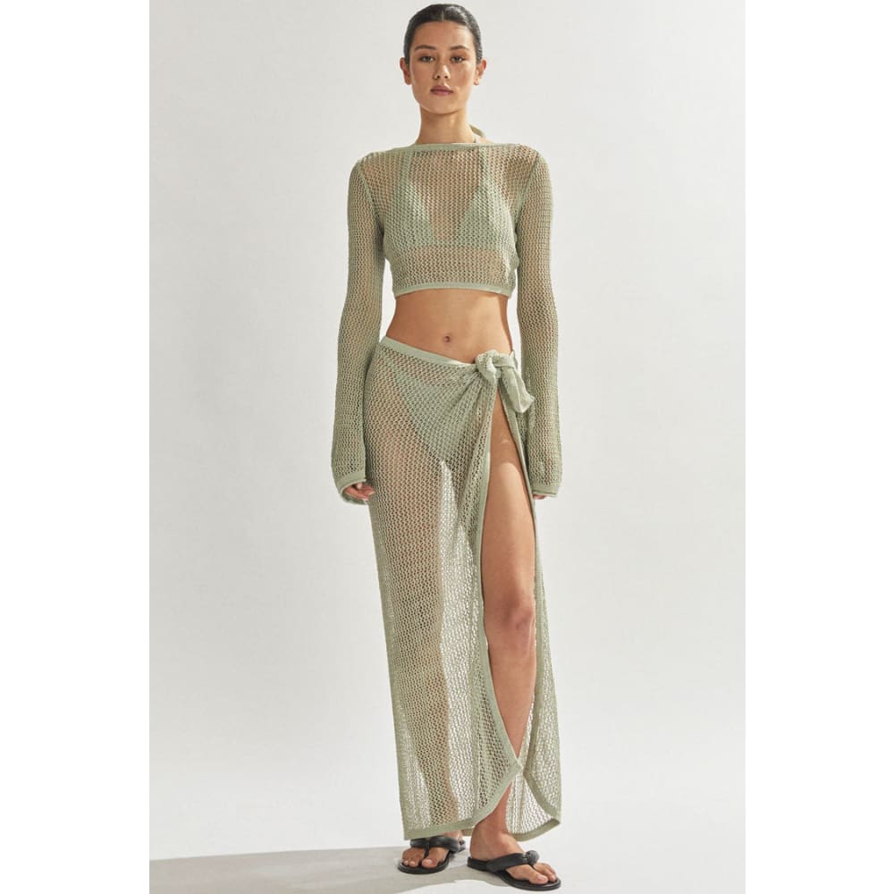 Crochet Bell Sleeve Wrap Skirt Set - Light Green / S On sale
