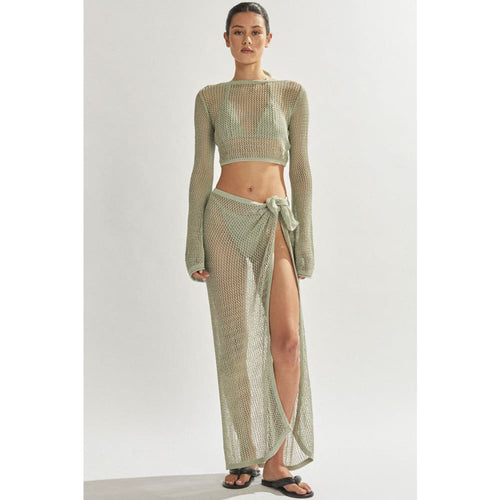 Crochet Bell Sleeve Wrap Skirt Set - Light Green / S On sale