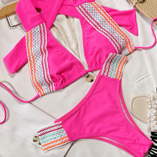 Crochet Wavy Halter Triangle Brazilian Bikini Swimsuit - On sale