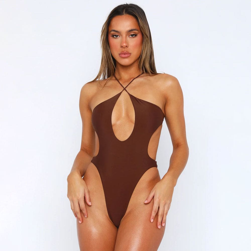 Cross Cutout Monokini Brazilian One Piece Swimsuit - Coffee / S On sale