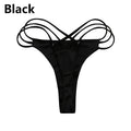 Black cheeky thong bikini bottom with crisscross cross straps and tie sides