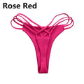 Rose red cheeky thong bikini bottom with crisscross cross straps and tie sides