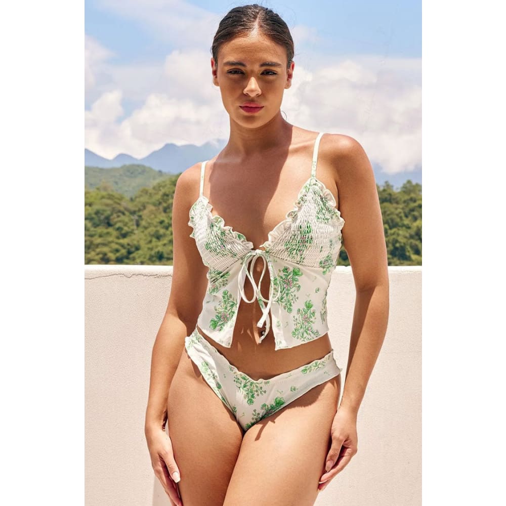 Cute Print Ruffle High-Cut Tie-Front Tankini Bikini Set - Green / M On sale