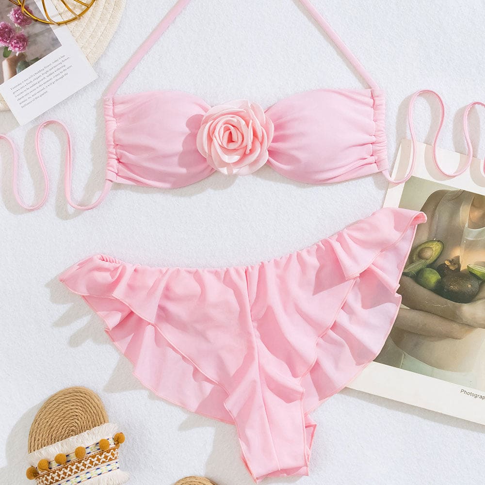 Cute Ruffle Sweetheart Rosette Bralette Bikini - On sale
