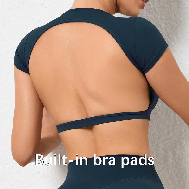 Navy backless sports crop top with built-in bra pads, short sleeves
