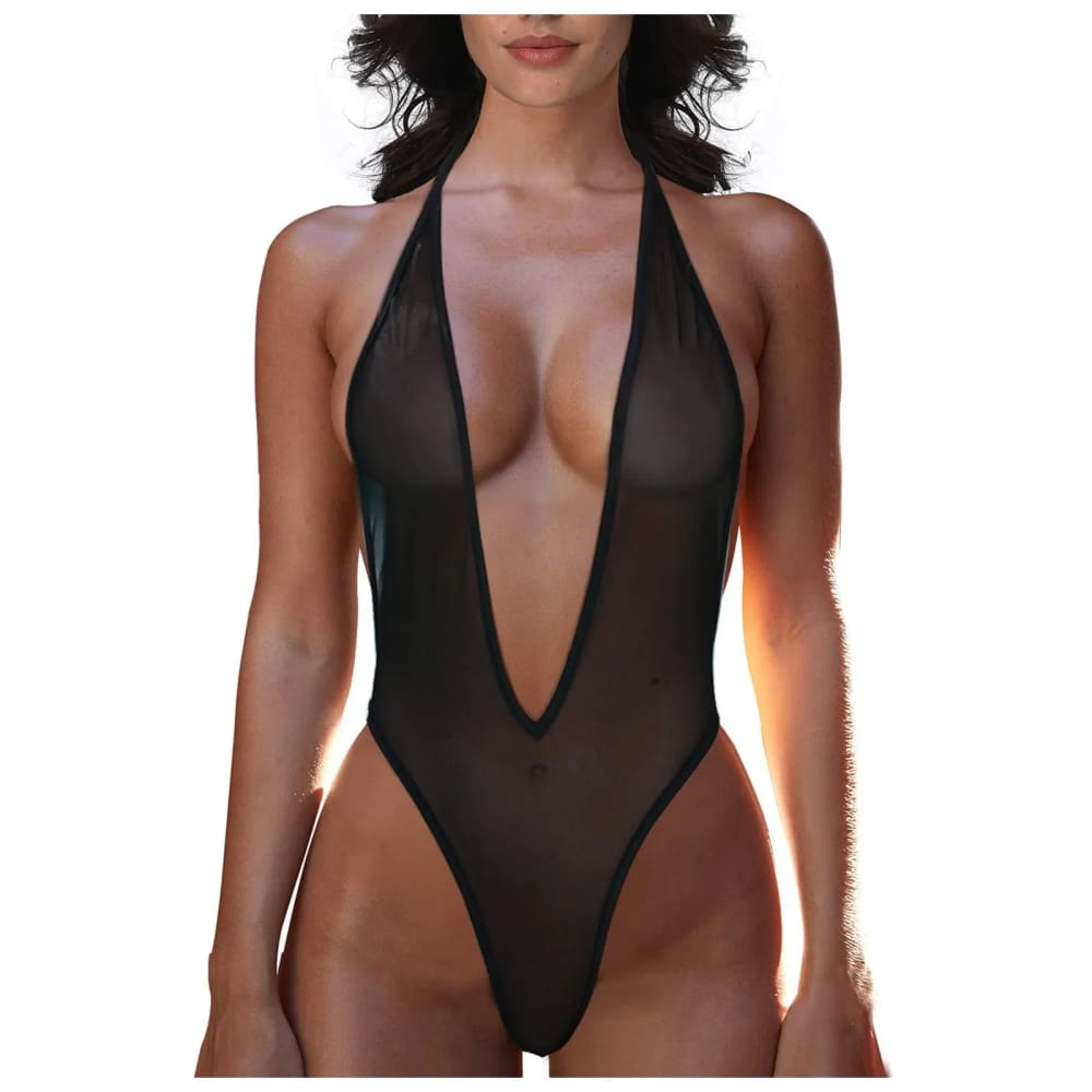 Deep V Lace Mesh Bodysuit One-Piece Lingerie Swimsuit - On sale