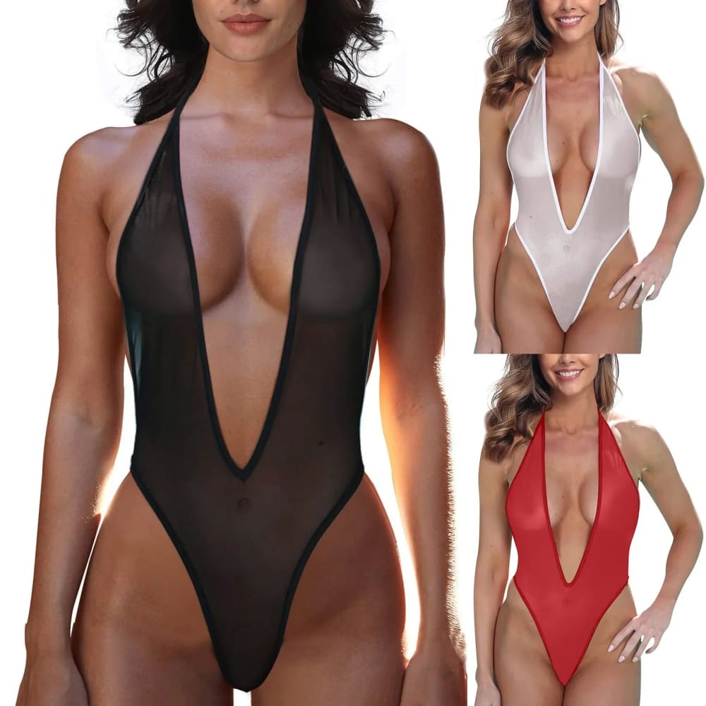 Deep V Lace Mesh Bodysuit One-Piece Lingerie Swimsuit - On sale