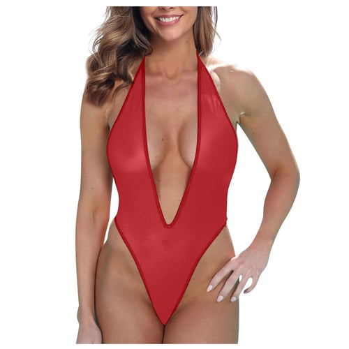 Deep V lace mesh bodysuit in red, one-piece lingerie swimsuit