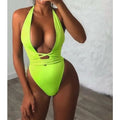 Deep V-Neck Braided Strappy Monokini One Piece Swimsuit - Neon Yellow / L On sale