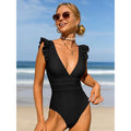 Deep V Neck Shoulder Ruffles One Piece Swimsuit - Black / S On sale