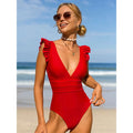 Deep V Neck Shoulder Ruffles One Piece Swimsuit - Red / S On sale