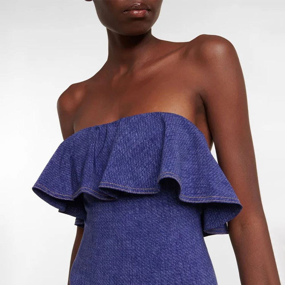 Denim Print Ruffled One-Piece with Striped Cover-Up - On sale